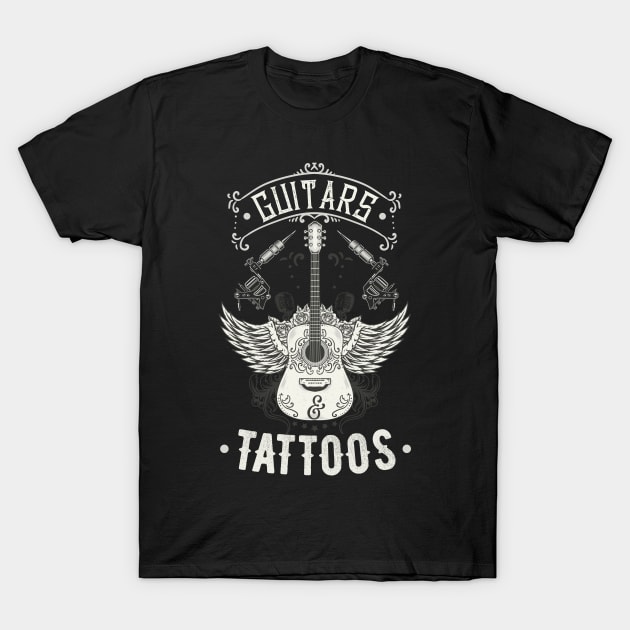 Guitars And Tattoos Vintage Guitarist Tattooed T-Shirt by Foxxy Merch